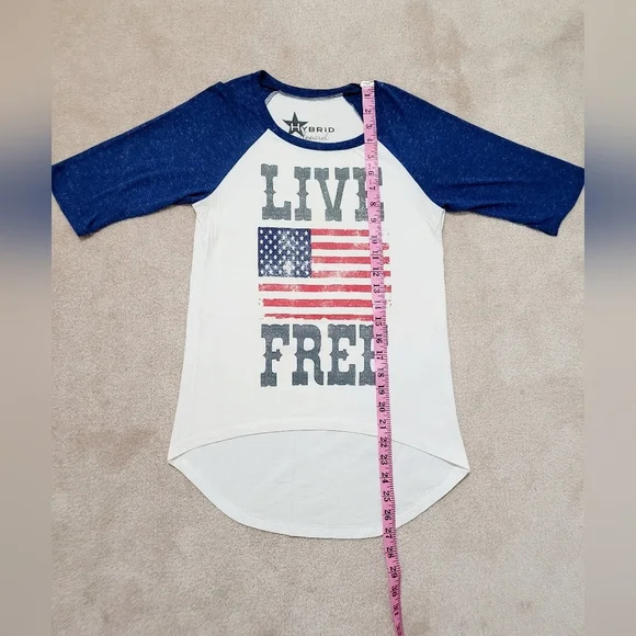 Hybrid Apparel Raglan 3/4 Sleeve T-shirt 100% Cotton LIVE FREE FLAG Women Size S - Picture 6 of 9